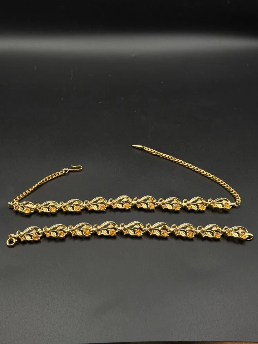 Vintage LISNER Necklace Bracelet Set Amber Rhinestone Leaf Vine Gold Tone Parure